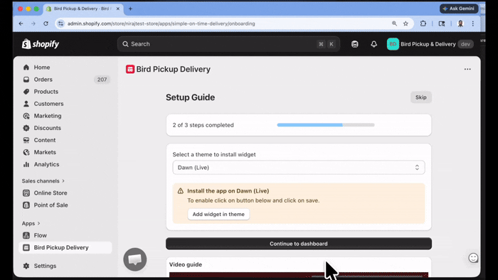 Animated walkthrough of enabling the Bird app embed in the Shopify theme editor